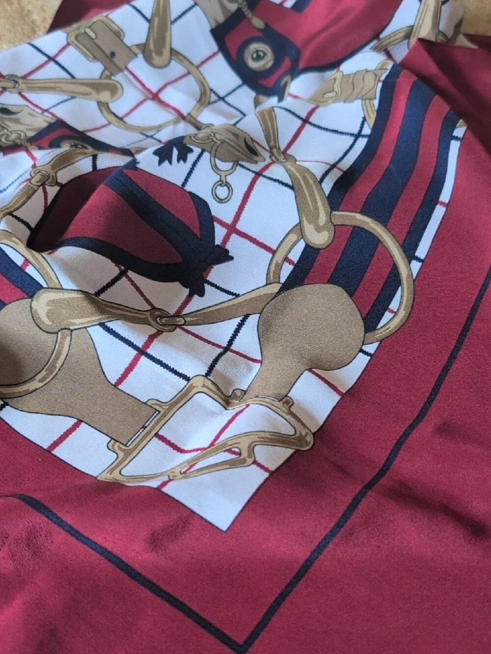 Hermes Paris Red, White and Gold Equestrian Design Scarf 29x31